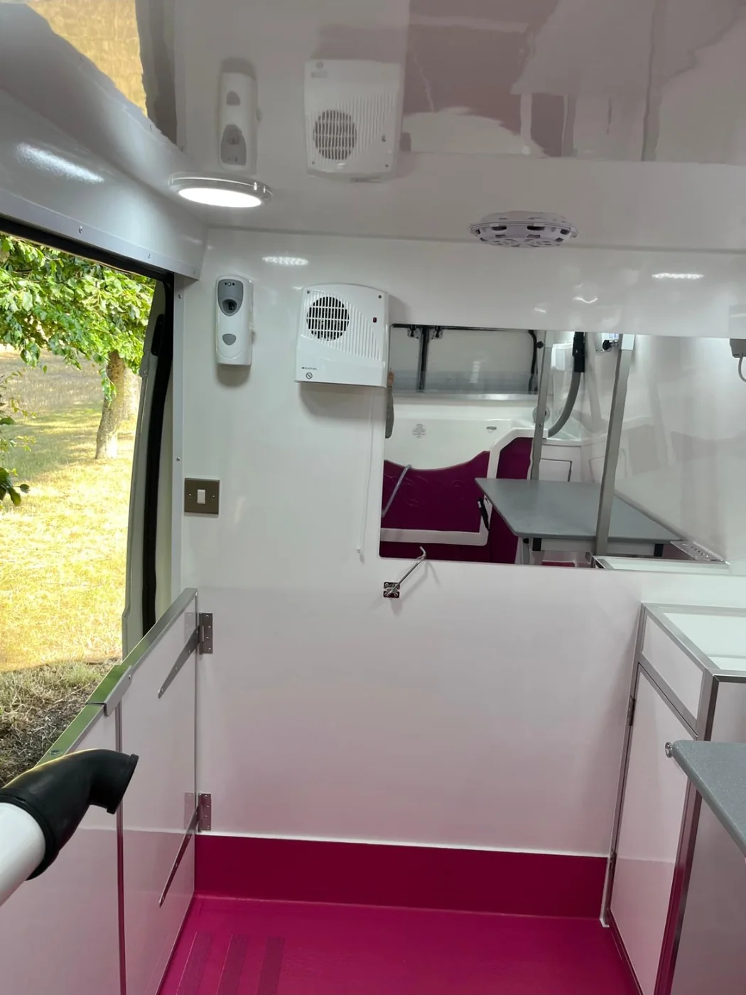 The grooming area inside the van