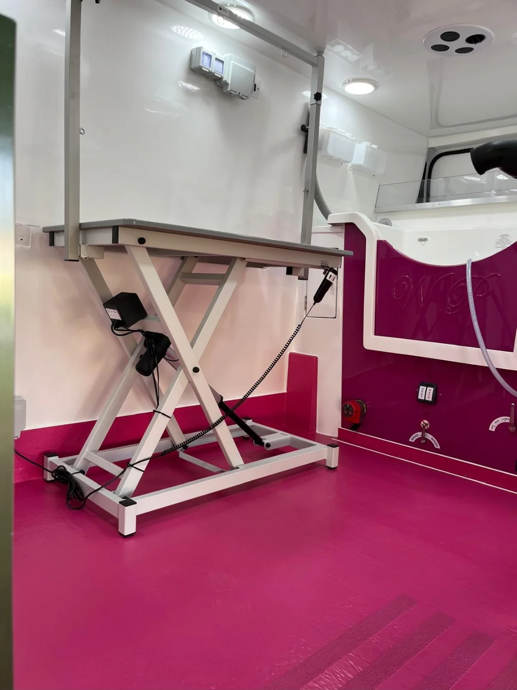 The grooming table inside the van